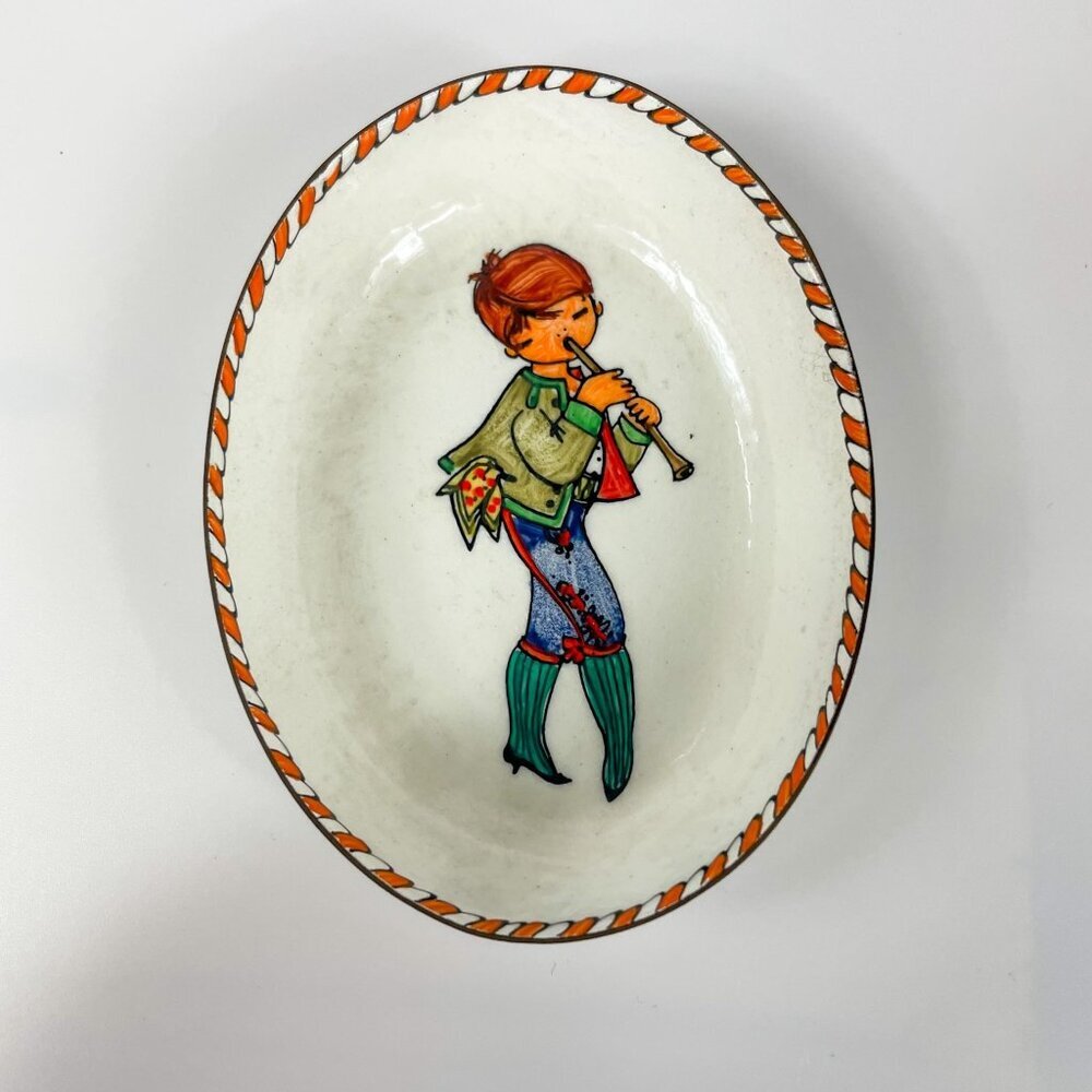 Vintage Steinbock Austria Enamel Oval Trinket Dish Boy Playing Flute Tirol
